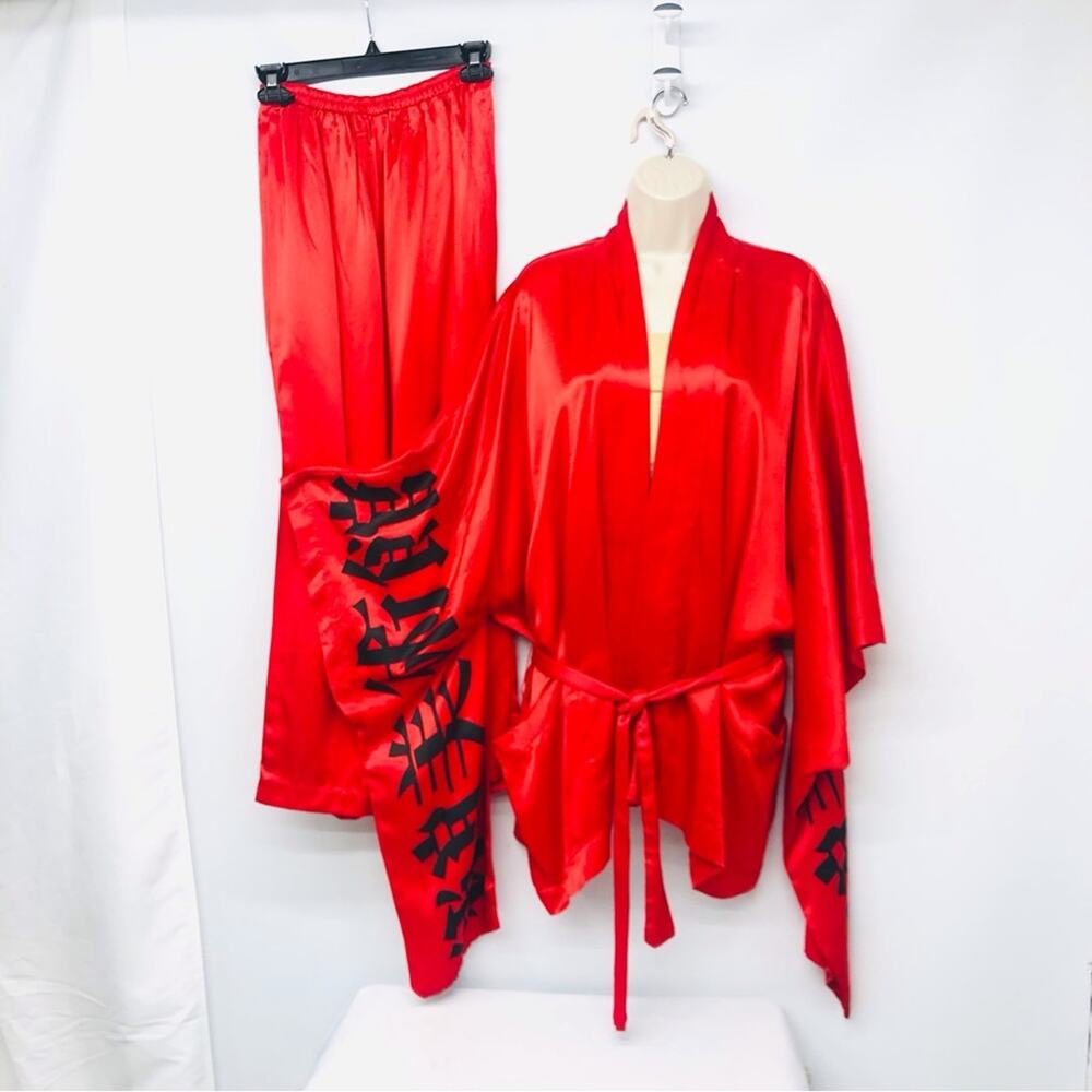 Red Satin Kimono Robe Set with Black Trim - Women Intimates & Sleepwear